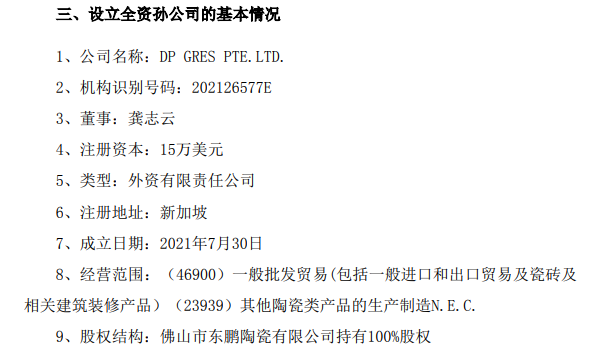 东鹏投资15万美元在新加坡设立境外全资孙公司(新加坡最厉害投资公司)