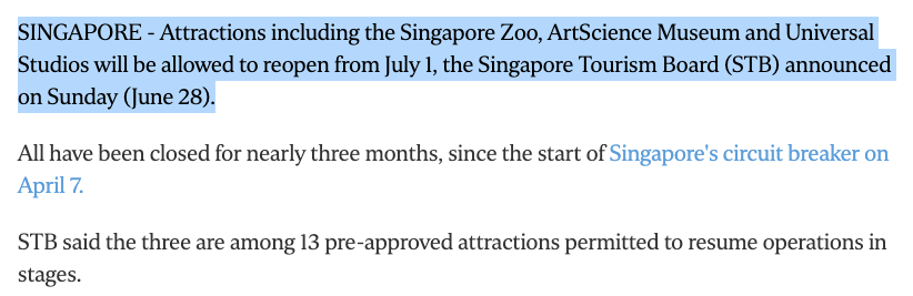 新加坡13娱乐场所及旅游景点获准7月1日起重开(新加坡旅游投资有限公司)