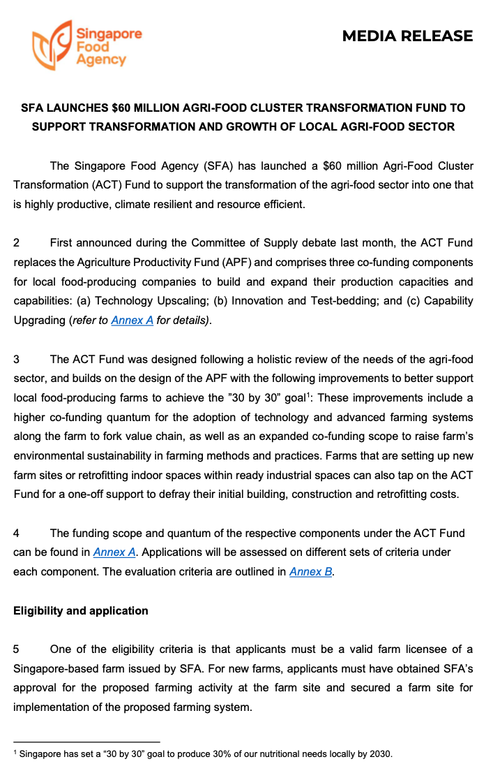 科技改变未来：6000万新元新加坡农业食品转型基金已开放申请(新加坡公司变更)