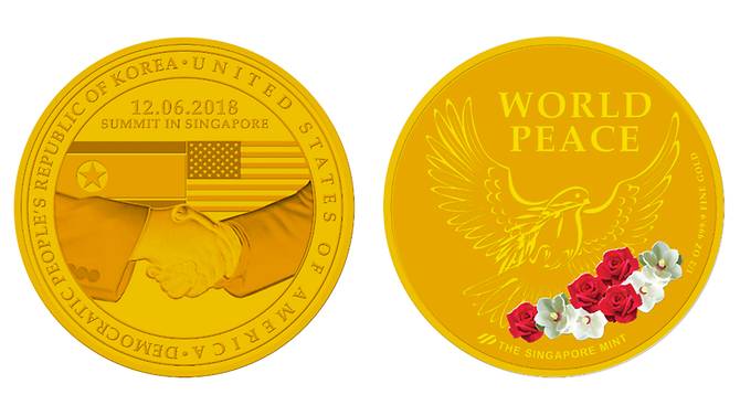 新加坡推出“特金会”金银铜纪念章，金章全球限量1000枚(新加坡公司章大小)